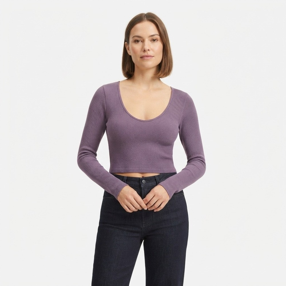 ZARA Purple Ribbed Long Sleeve Crop Top Scoop Neck Size M